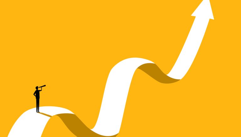 Vision on volatility Businessman looking at the telescope on the growth and uncertainty chart