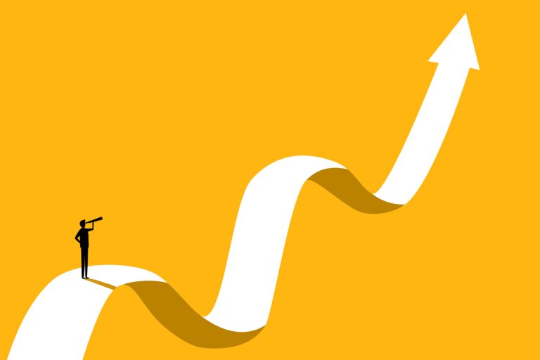 Vision on volatility Businessman looking at the telescope on the growth and uncertainty chart