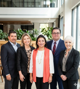 Group of five professionals posing in a modern office lobby, smiling at the camera in business attire.