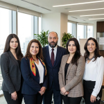 Five colleagues in business attire posing for a group photo in a bright office.