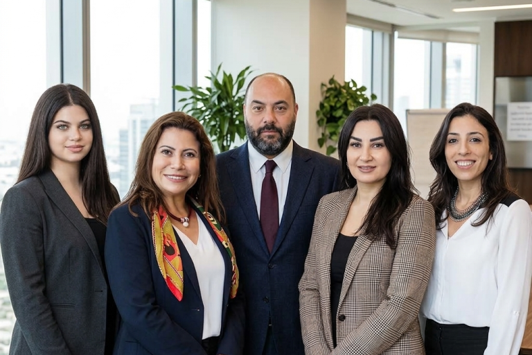 Five colleagues in business attire posing for a group photo in a bright office.