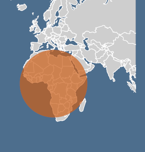 africa - Executive Search, Recruitment and Talent Management - The ExeQfind Group World map with Africa highlighted by a large orange translucent circle overlaying the region of Africa and surrounding oceans.