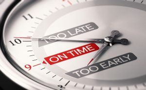 A clock face with the red indicator pointing to'ON TIME' and labels for 'TOO LATE' and '100 LATE' suggesting punctuality choices.