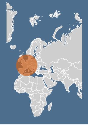 europe - Executive Search, Recruitment and Talent Management - The ExeQfind Group World map with Western Europe highlighted by a large orange circle over Spain, France, and Italy on a blue background.