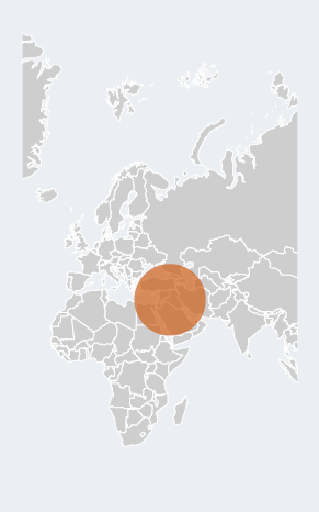 middle-east - Executive Search, Recruitment and Talent Management - The ExeQfind Group Gray world map with an orange translucent circle highlighting the eastern Mediterranean region.