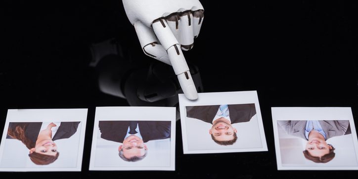 Robotic hand with extended finger points at a row of four Polaroid photos of businesspeople on a dark surface.